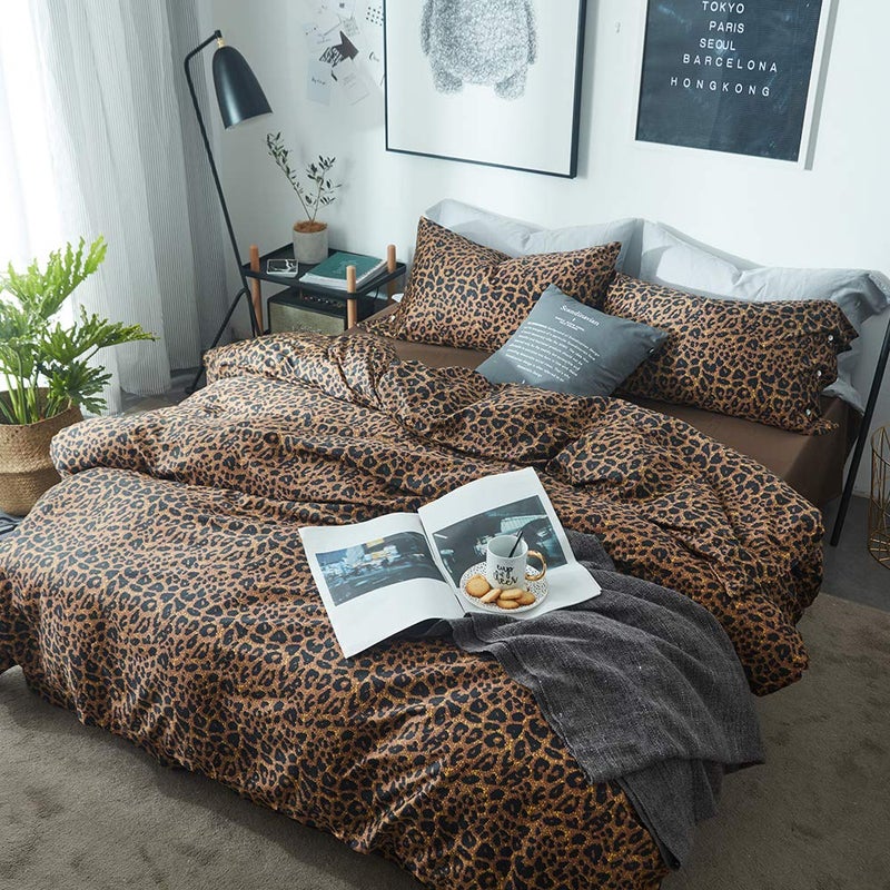 mixinni Leopard Print Duvet Cover King Size Long Staple Cotton Bedding Set with Zipper Closure Ties, Perfect for Man and Woman, Ultra Soft and Easy Care (3pcs, King Size) - Image 1